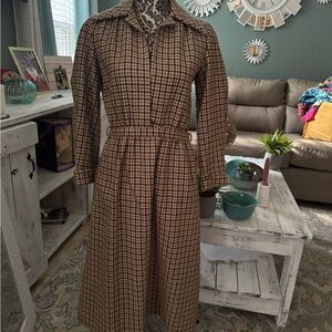 Geoffrey Beene Checkered Long Sleeve Dress - Brown and Black